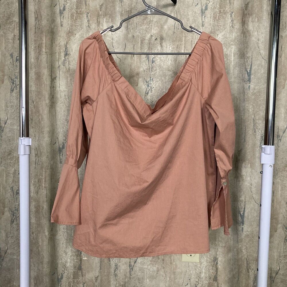 Bobeau Blouse XL Salmon Pink Long Bell Sleeve Off The Shoulder Boho Top NWT